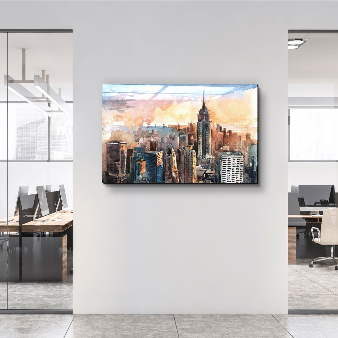 ・"New York Watercolor Painting"・Glass Wall Art | Artdesigna Glass Printing Wall Arts.