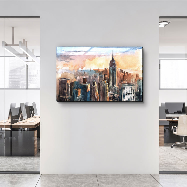 ・"New York Watercolor Painting"・Glass Wall Art | Artdesigna Glass Printing Wall Arts.