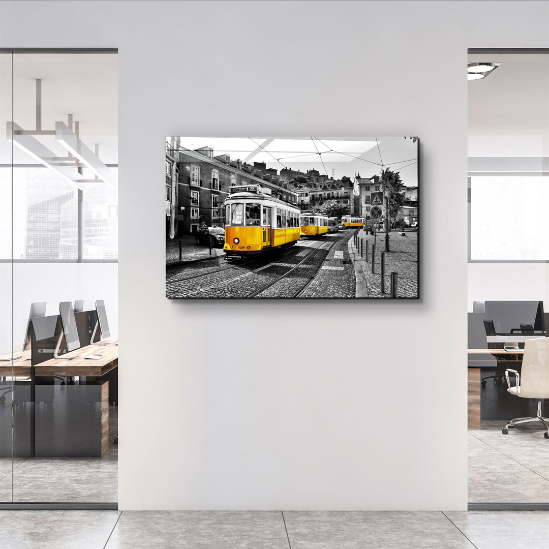 ・"Yellow Tram (Lisbon)"・Glass Wall Art | Artdesigna Glass Printing Wall Arts.