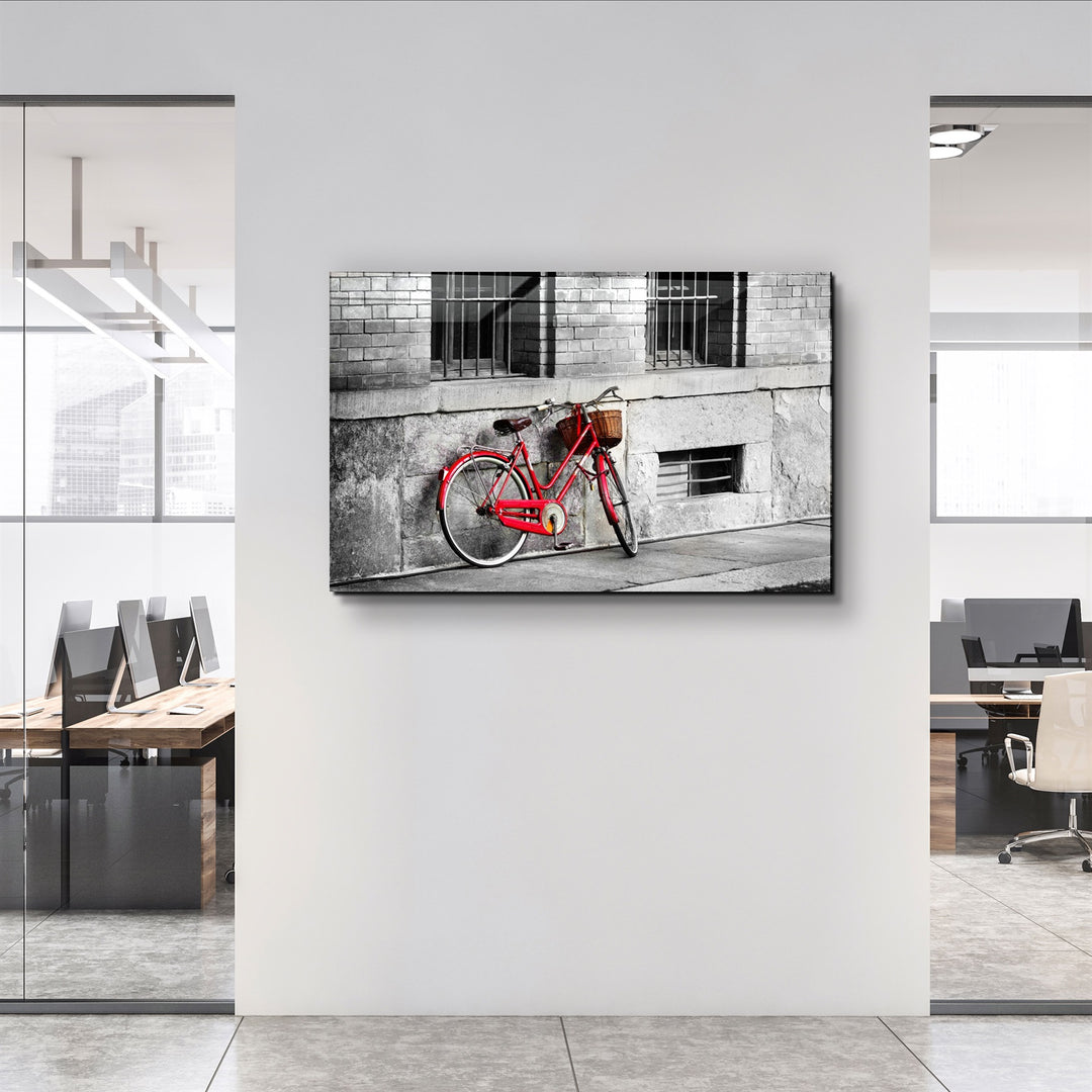 ・"Red Bicycle"・Glass Wall Art | Artdesigna Glass Printing Wall Arts.