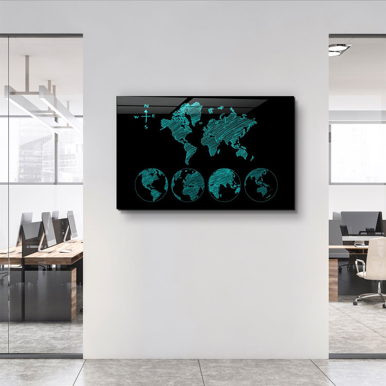 ・"World Map Green"・Glass Wall Art | Artdesigna Glass Printing Wall Arts.