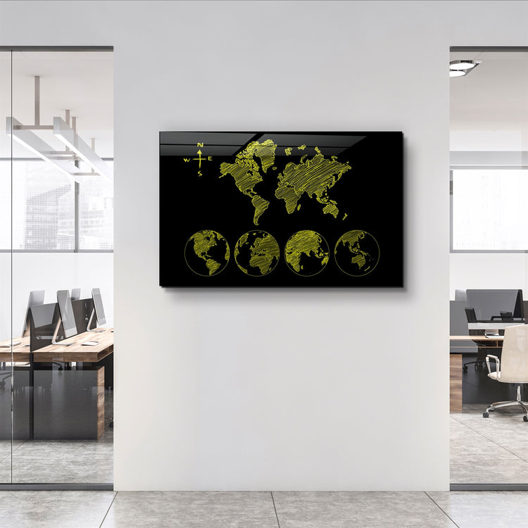 ・"World Map Black-Yellow"・Glass Wall Art | Artdesigna Glass Printing Wall Arts.