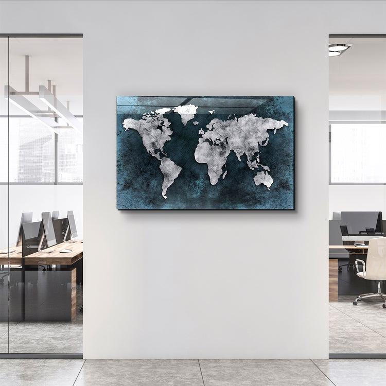 ・"World Map Blue-Silver"・Glass Wall Art | Artdesigna Glass Printing Wall Arts.