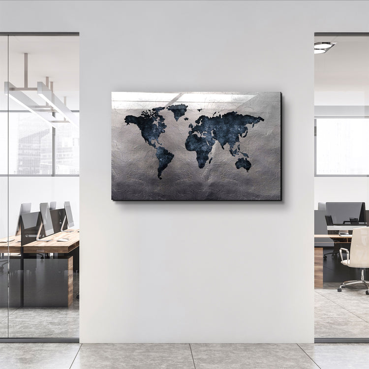 ・"World Map Blue-Silver2"・Glass Wall Art | Artdesigna Glass Printing Wall Arts.