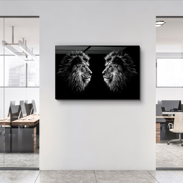 ・"Lions Confrontation BW "・Glass Wall Art | Artdesigna Glass Printing Wall Arts.