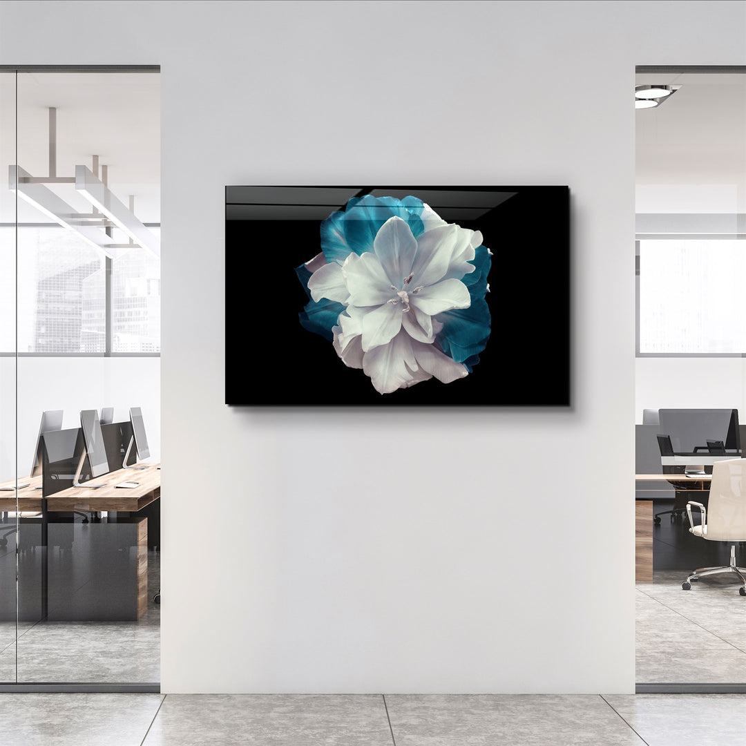 ・"Flower with Blue Leaves"・Glass Wall Art | Artdesigna Glass Printing Wall Arts.