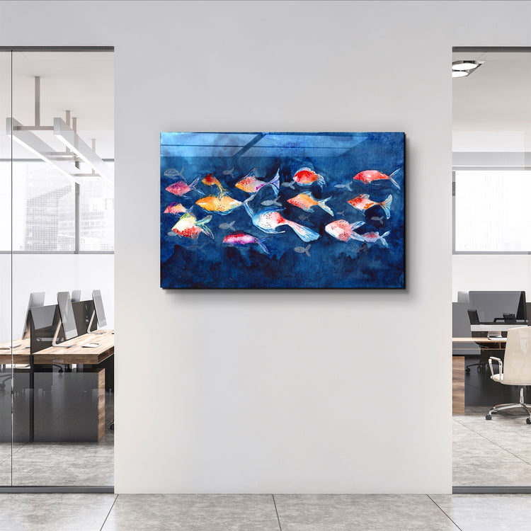 ・"School of Fish"・Glass Wall Art | Artdesigna Glass Printing Wall Arts.