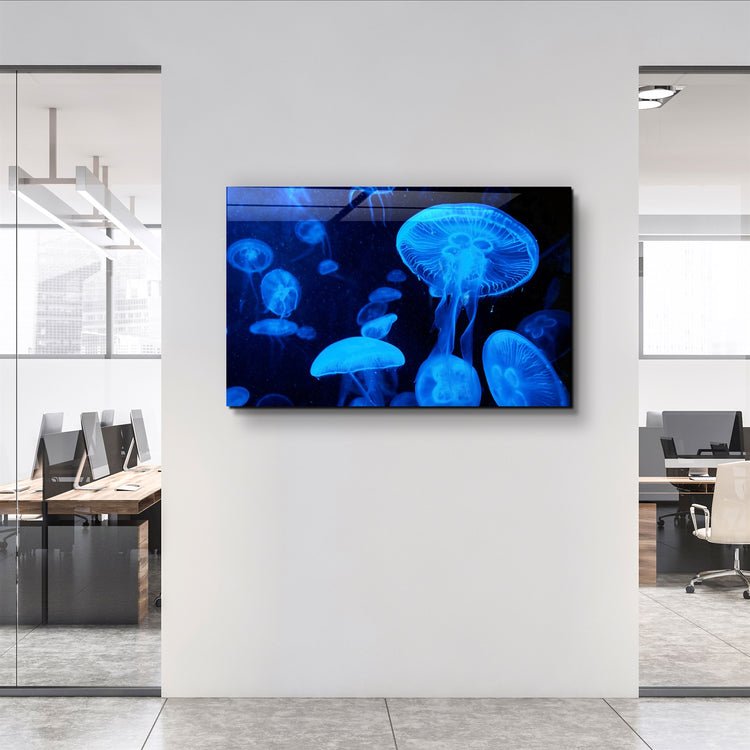 ・"Blue Jellyfish"・Glass Wall Art | Artdesigna Glass Printing Wall Arts.