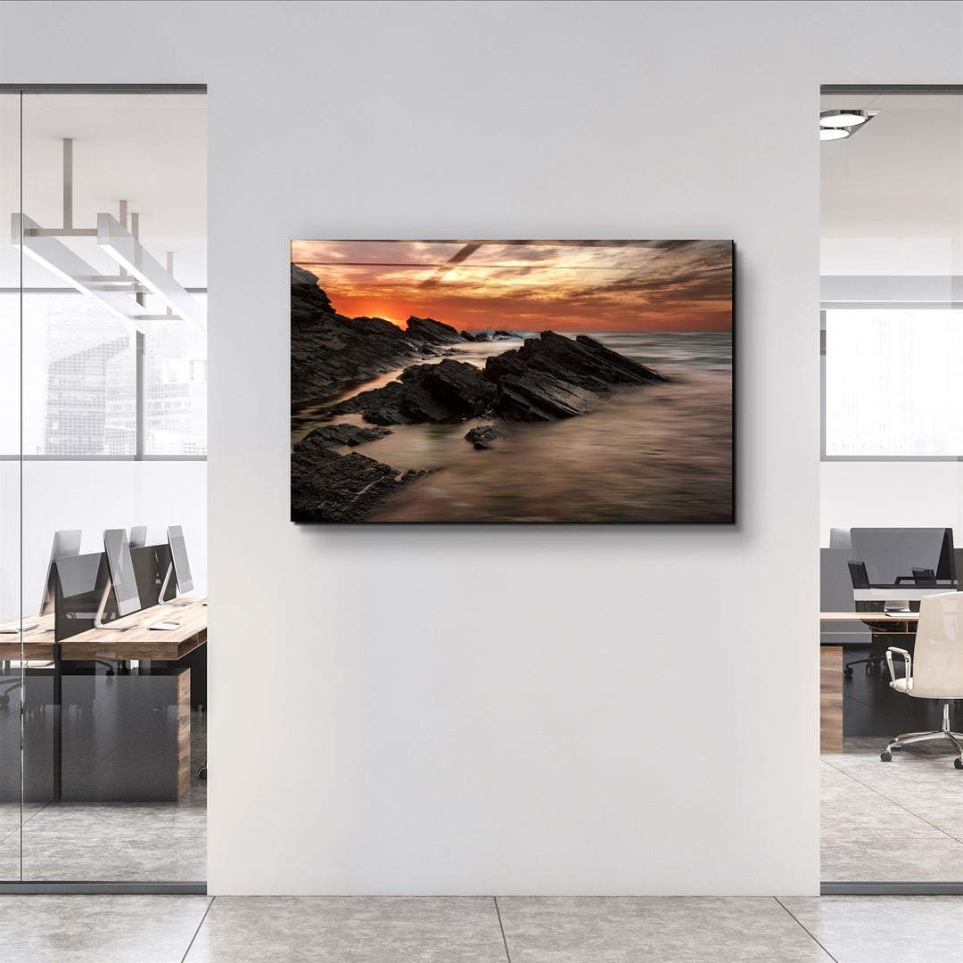 ・"Sharp Rocks and Sunset"・Glass Wall Art | Artdesigna Glass Printing Wall Arts.