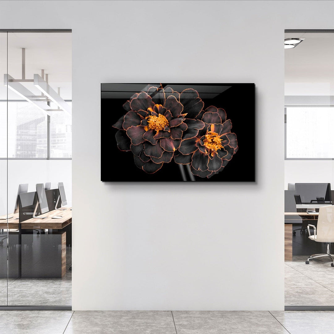 ・"Black and Yellow Flowers"・Glass Wall Art | Artdesigna Glass Printing Wall Arts.