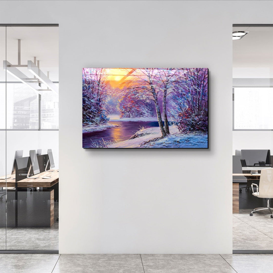 ・"Oil Painting Winter Sunset"・Glass Wall Art | Artdesigna Glass Printing Wall Arts.