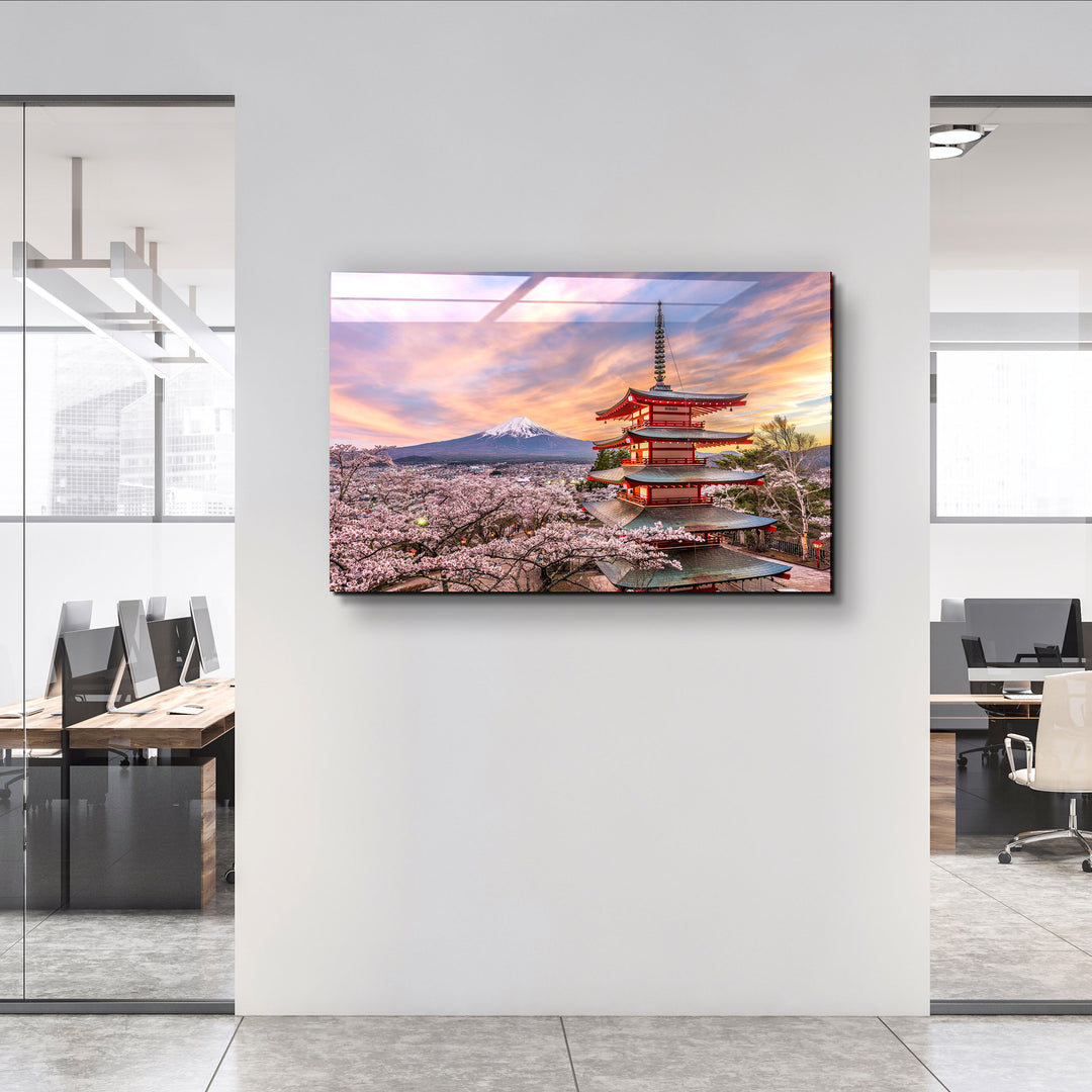 ・"Fujiyoshida, Japan at Chureito Pagoda and Mt. Fuji in the spring with cherry blossoms"・Glass Wall Art