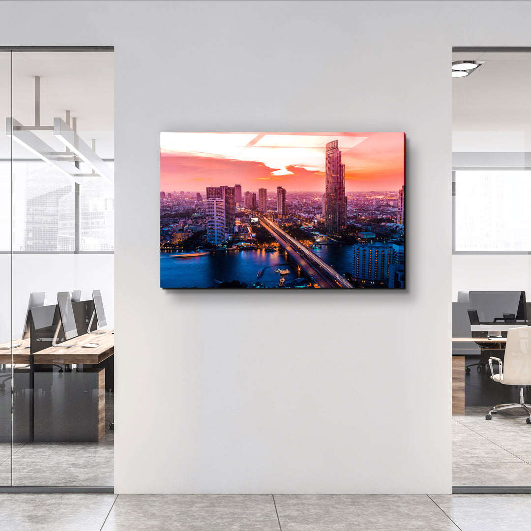 ・"Beautiful cityscape Bangkok business district and residential. In the twilight, Thailand"・Glass Wall Art