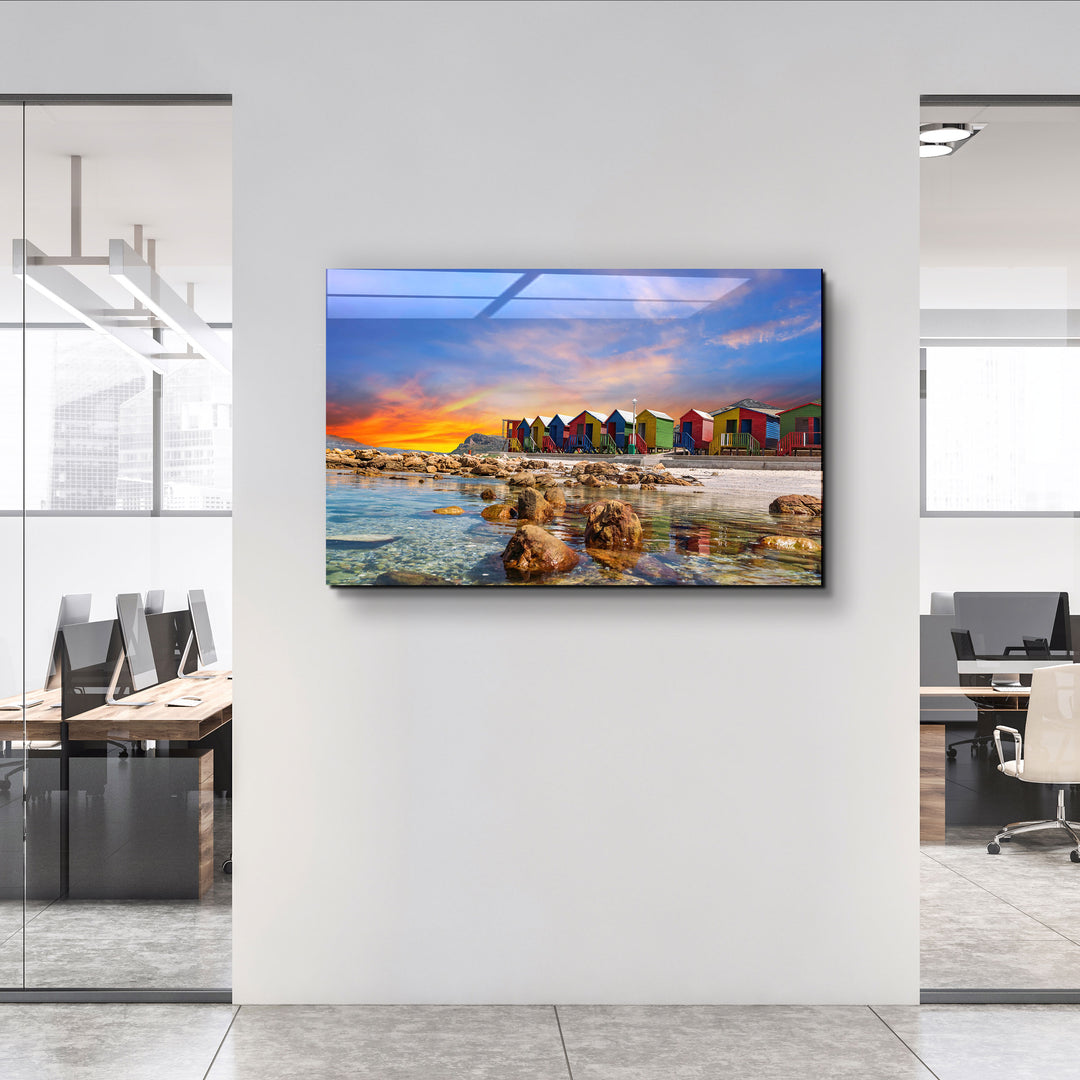 ・"Muizenberg beach huts wooden cabins at twilight in Cape Town South Africa"・Glass Wall Art