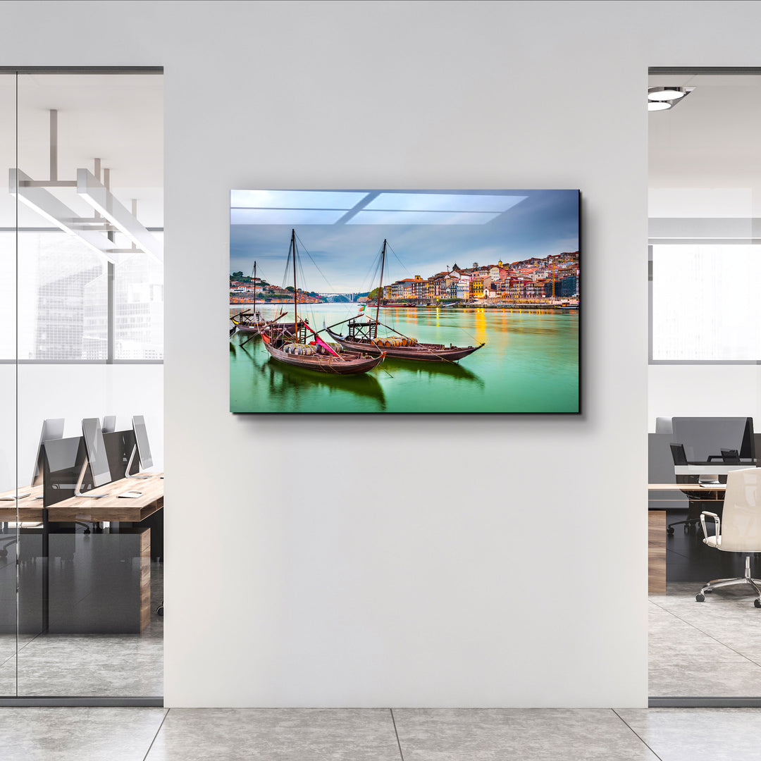 ・"Porto, Portugal old town cityscape on the Douro River with traditional Rabelo boats."・Glass Wall Art