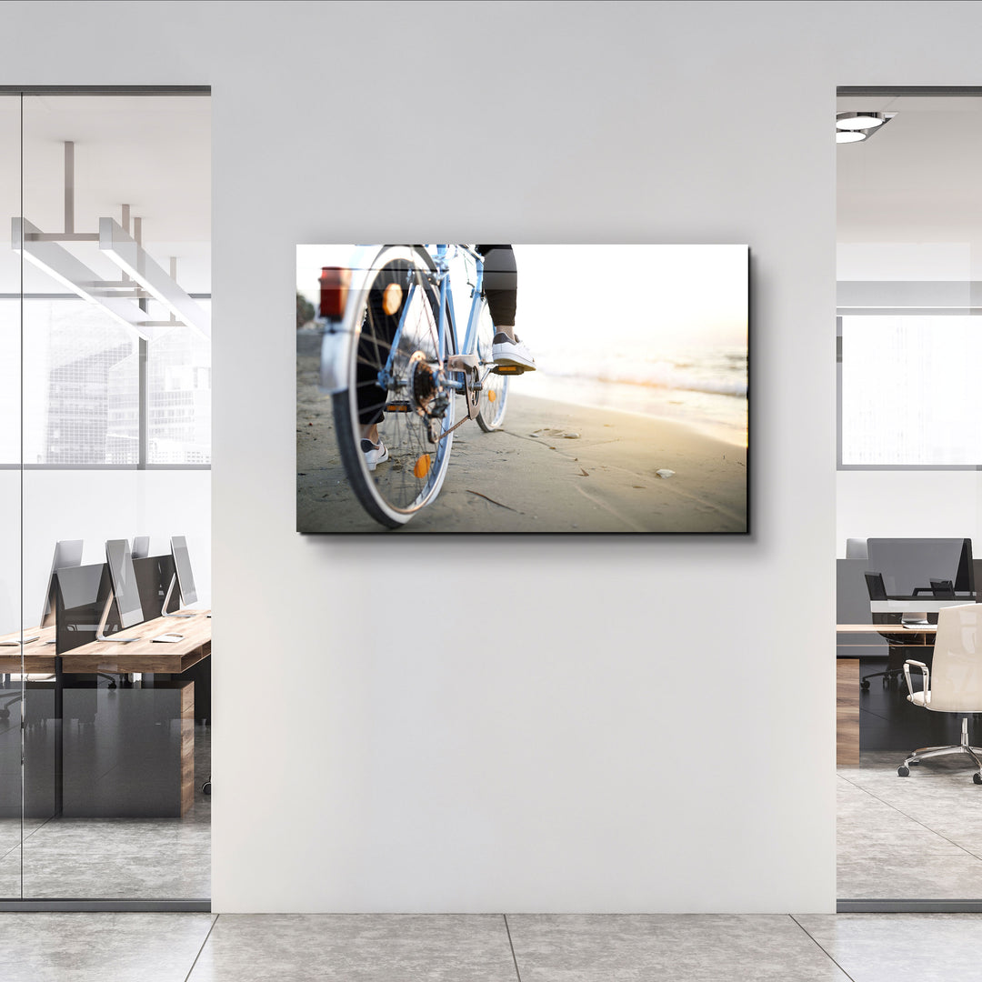 ・"Riding A Bike On The Calm Beach"・Glass Wall Art | Artdesigna Glass Printing Wall Arts.