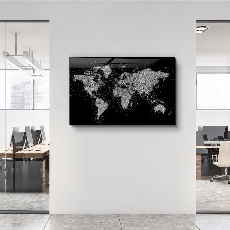 ・"World Map In Silver"・Glass Wall Art | Artdesigna Glass Printing Wall Arts.