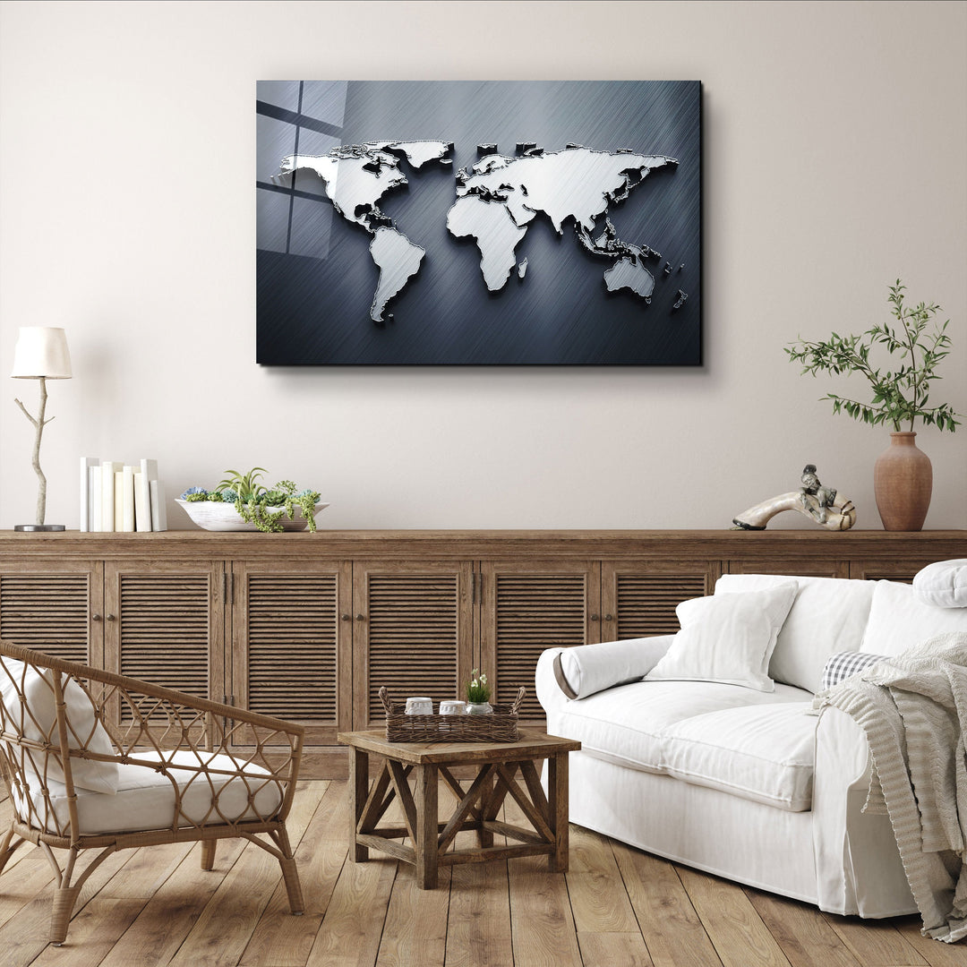 ・"Metallic Blue World Map"・Glass Wall Art | Artdesigna Glass Printing Wall Arts.