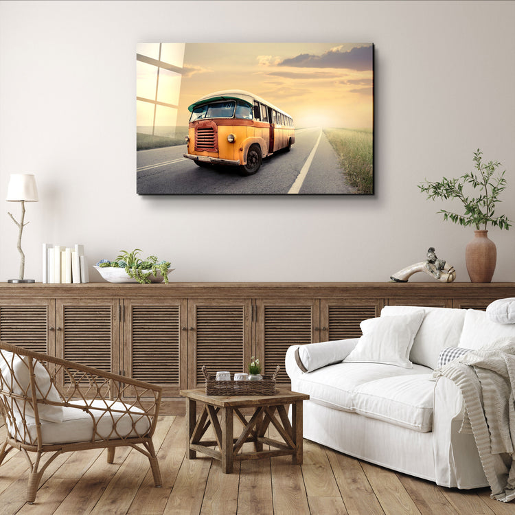 ・"The Vintage Bus With Sunset"・Glass Wall Art | Artdesigna Glass Printing Wall Arts.