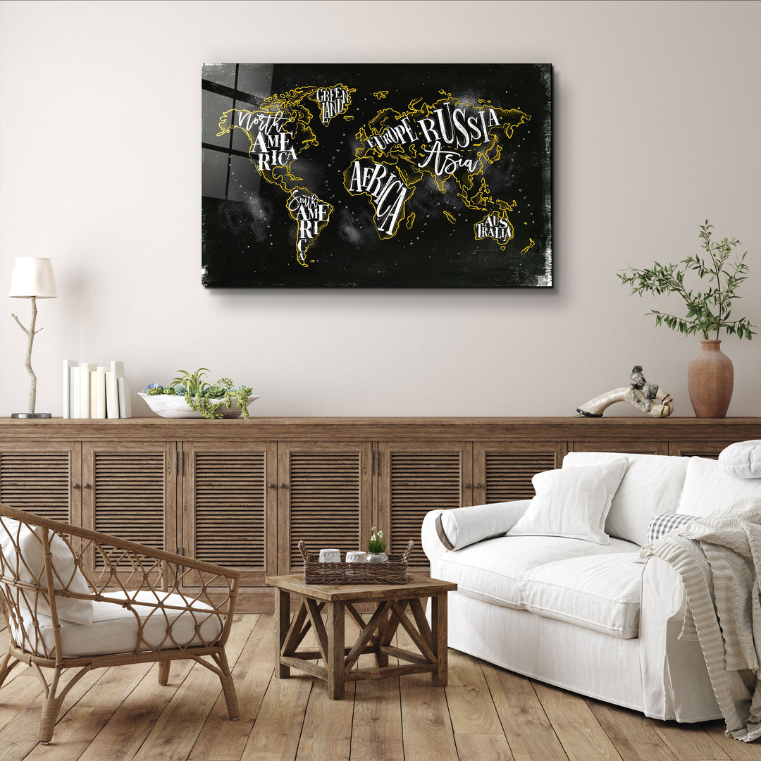 ・"World Map With Yellow Lines"・Glass Wall Art | Artdesigna Glass Printing Wall Arts.