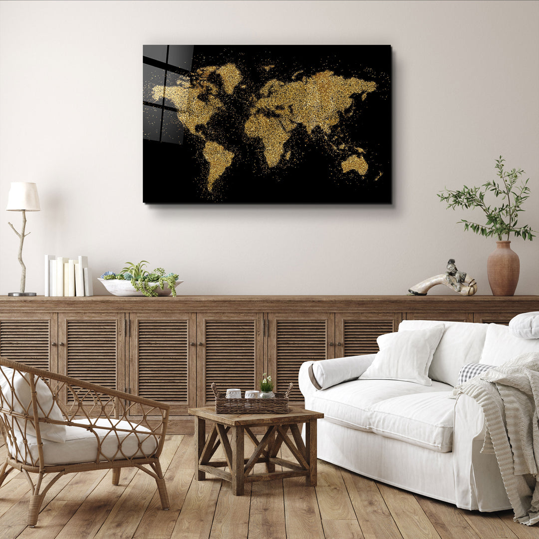 ・"World Map In Golden"・Glass Wall Art | Artdesigna Glass Printing Wall Arts.