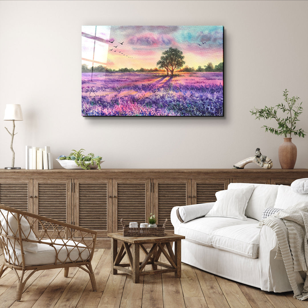 ・"Sunset Meadow Painting"・Glass Wall Art | Artdesigna Glass Printing Wall Arts.