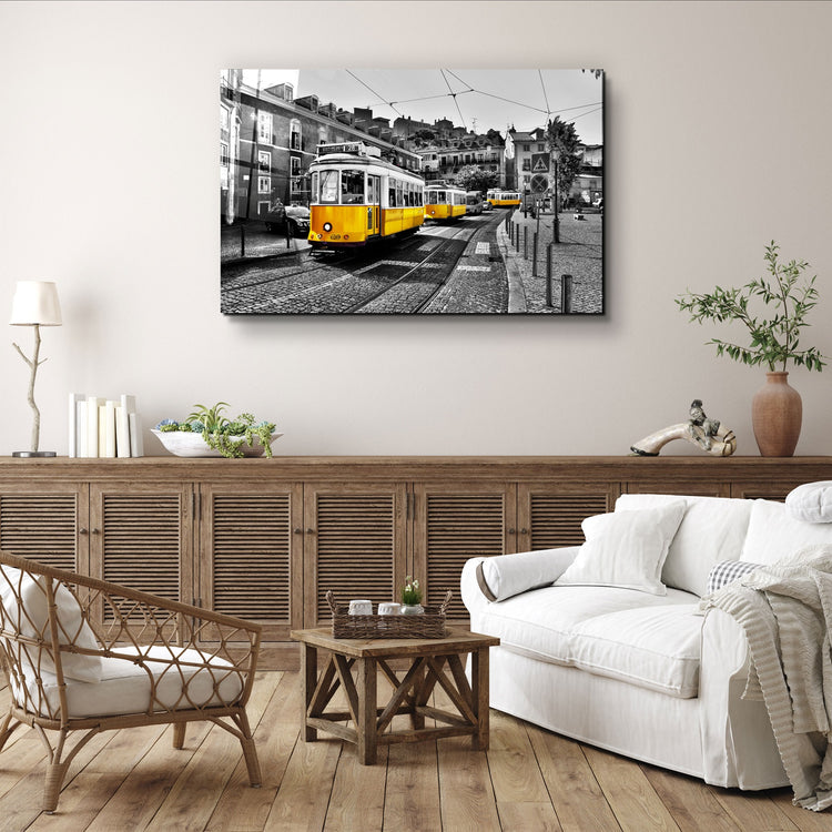 ・"Yellow Tram (Lisbon)"・Glass Wall Art | Artdesigna Glass Printing Wall Arts.