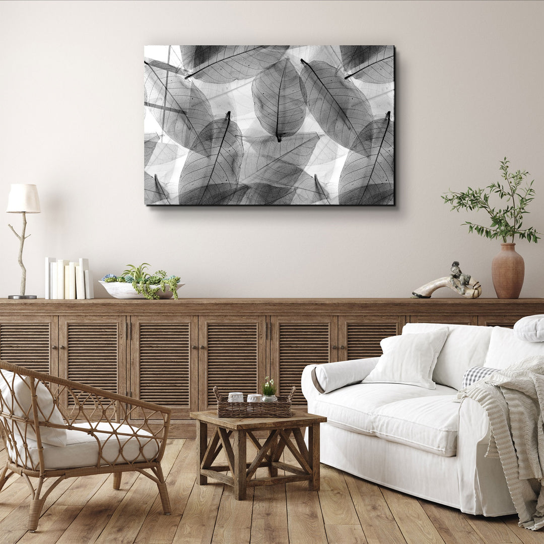 ・"Black - White Leaves"・Glass Wall Art | Artdesigna Glass Printing Wall Arts.