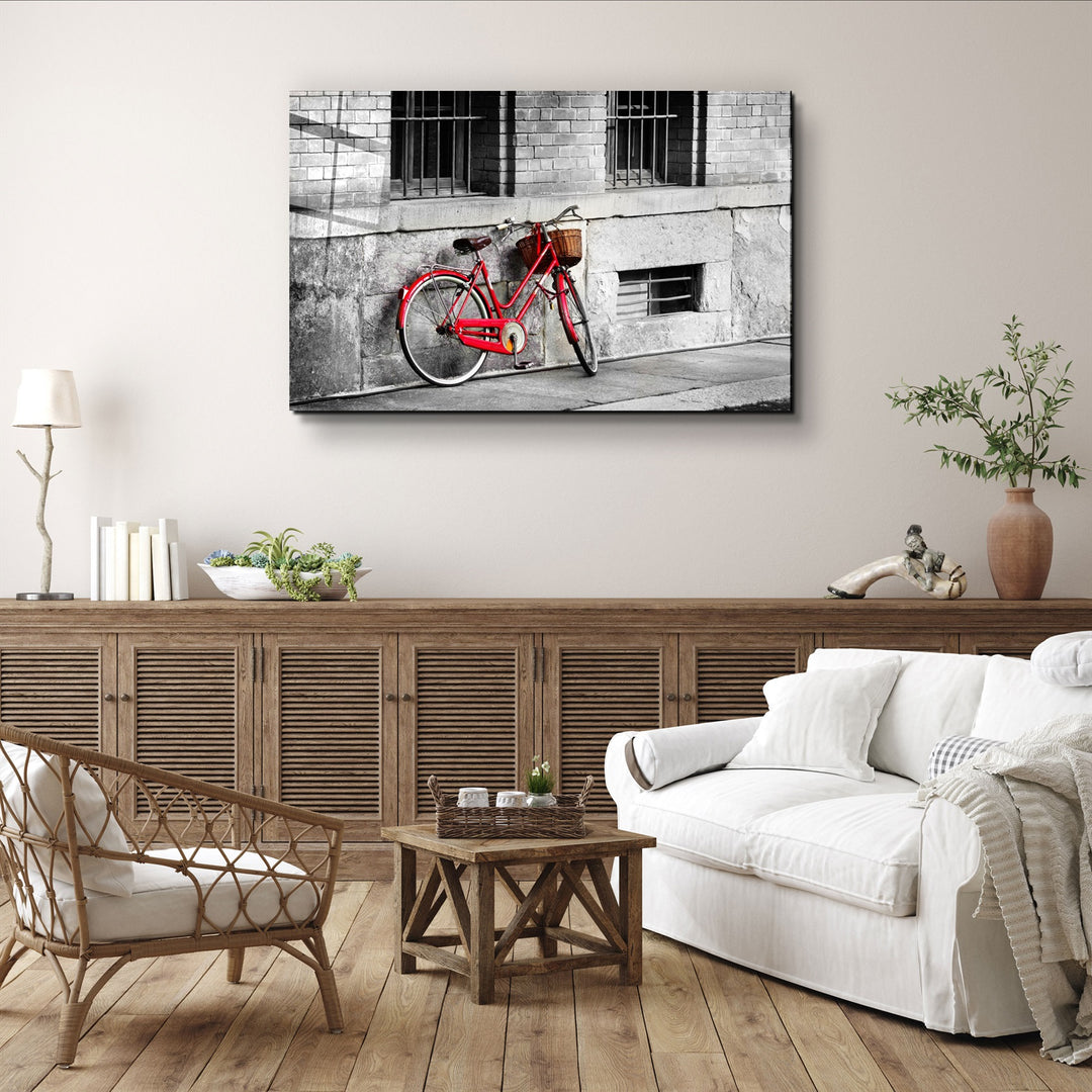 ・"Red Bicycle"・Glass Wall Art | Artdesigna Glass Printing Wall Arts.