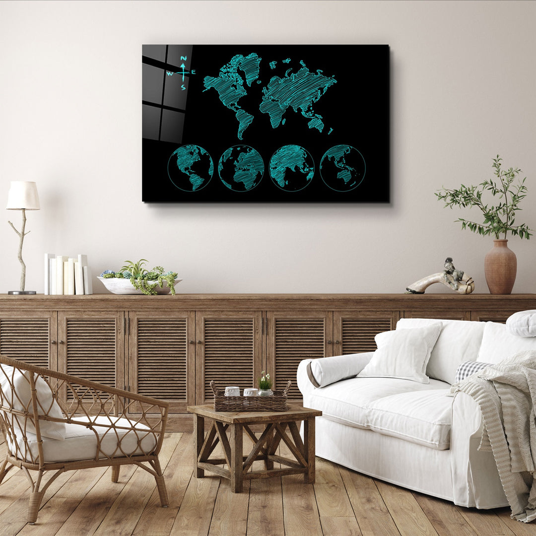 ・"World Map Green"・Glass Wall Art | Artdesigna Glass Printing Wall Arts.