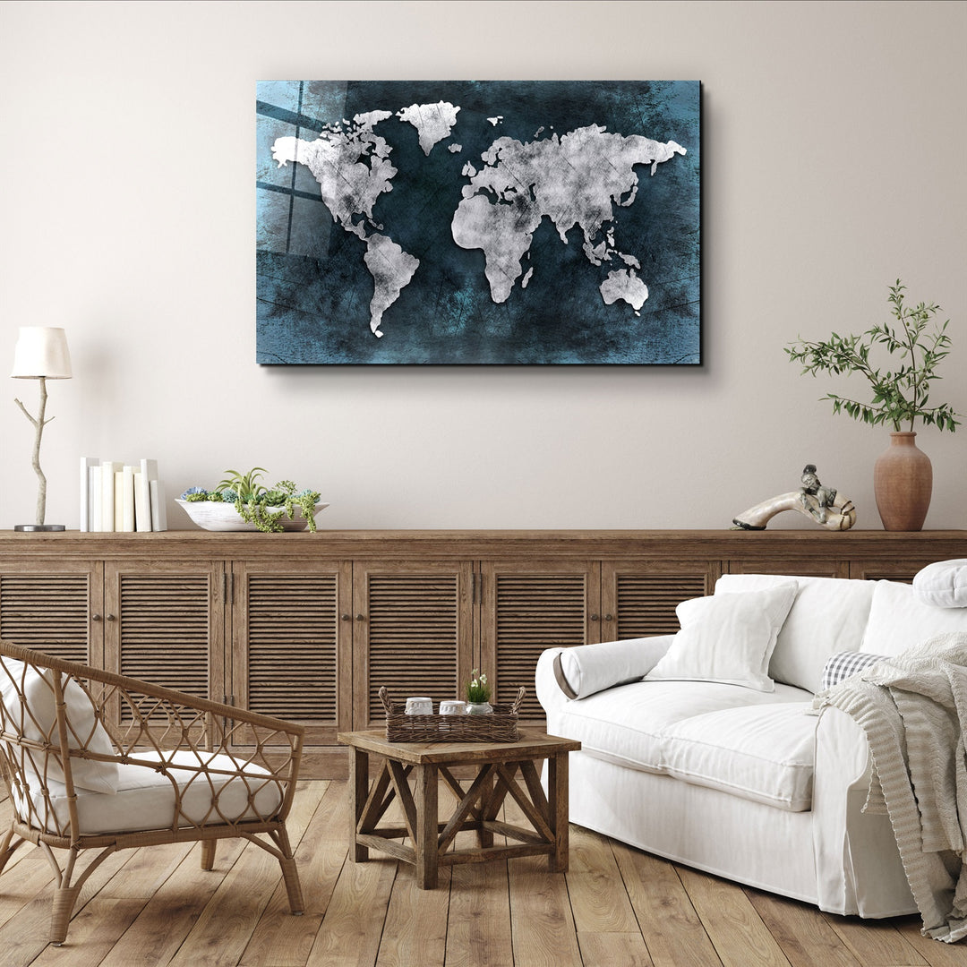 ・"World Map Blue-Silver"・Glass Wall Art | Artdesigna Glass Printing Wall Arts.