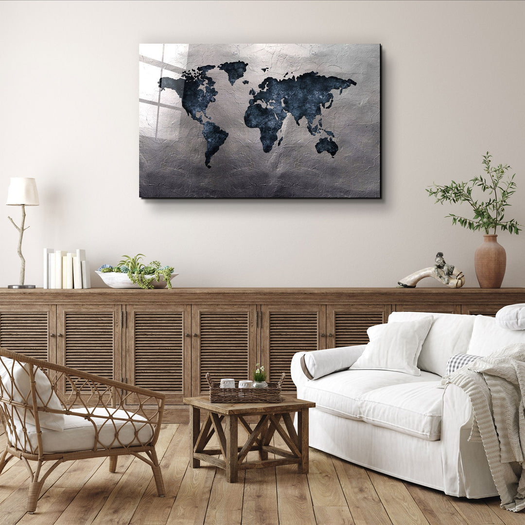 ・"World Map Blue-Silver2"・Glass Wall Art | Artdesigna Glass Printing Wall Arts.