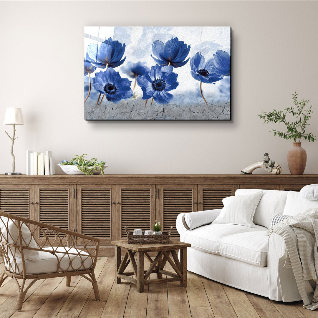 ・"Blue Flowers"・Glass Wall Art | Artdesigna Glass Printing Wall Arts.