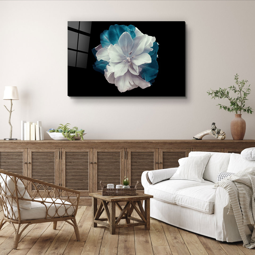 ・"Flower with Blue Leaves"・Glass Wall Art | Artdesigna Glass Printing Wall Arts.