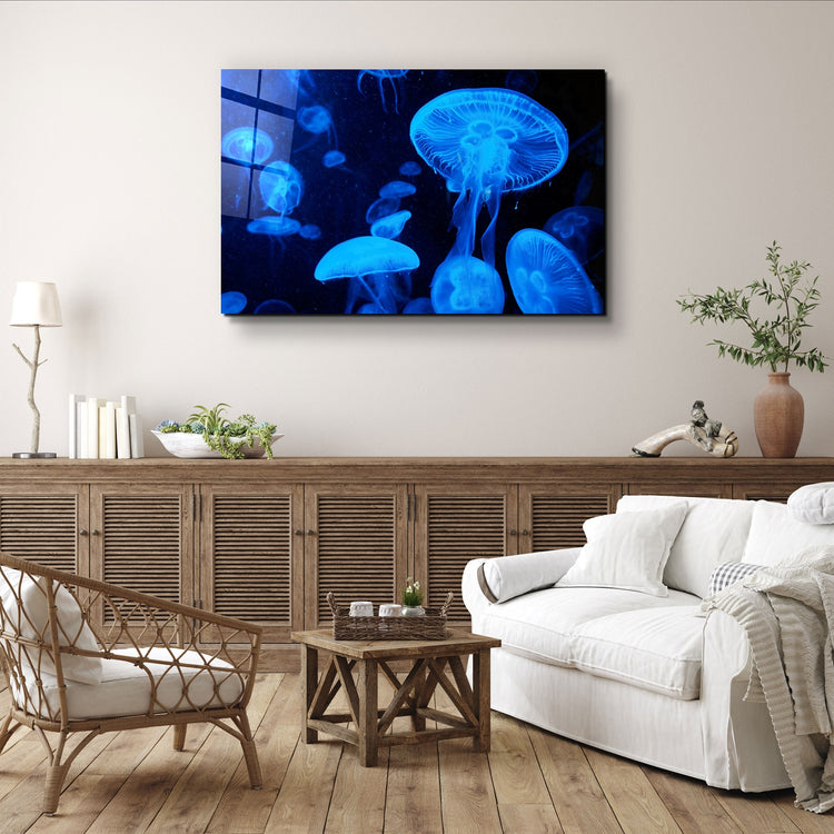 ・"Blue Jellyfish"・Glass Wall Art | Artdesigna Glass Printing Wall Arts.