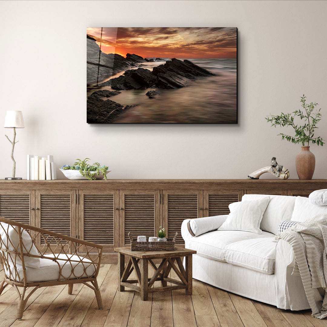 ・"Sharp Rocks and Sunset"・Glass Wall Art | Artdesigna Glass Printing Wall Arts.