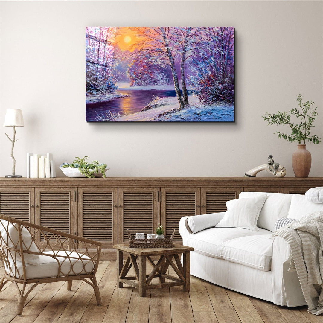 ・"Oil Painting Winter Sunset"・Glass Wall Art | Artdesigna Glass Printing Wall Arts.