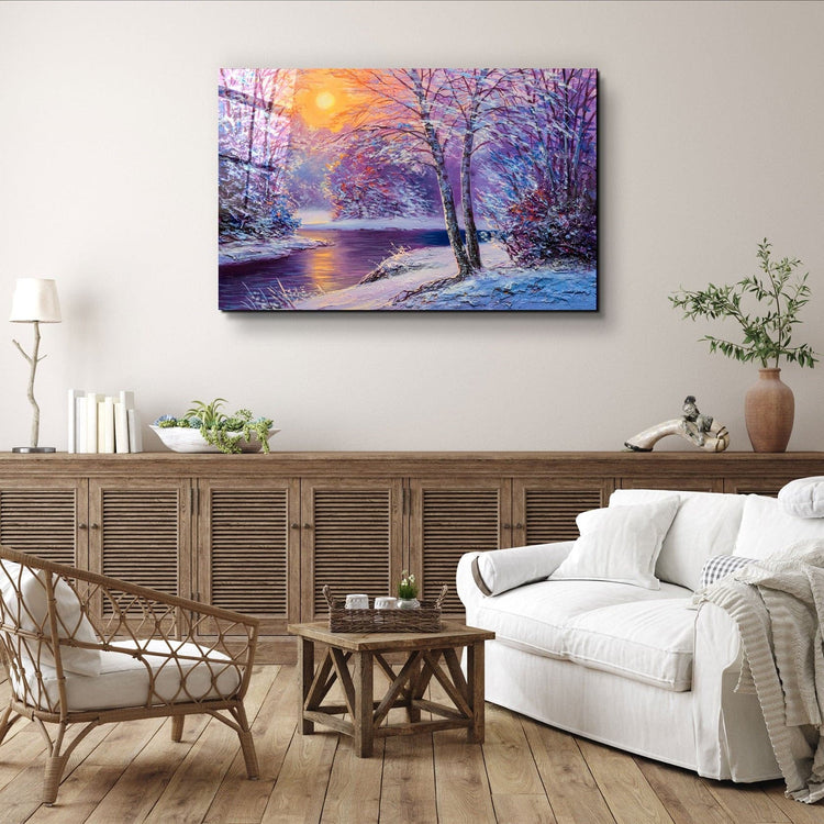 ・"Oil Painting Winter Sunset"・Glass Wall Art | Artdesigna Glass Printing Wall Arts.