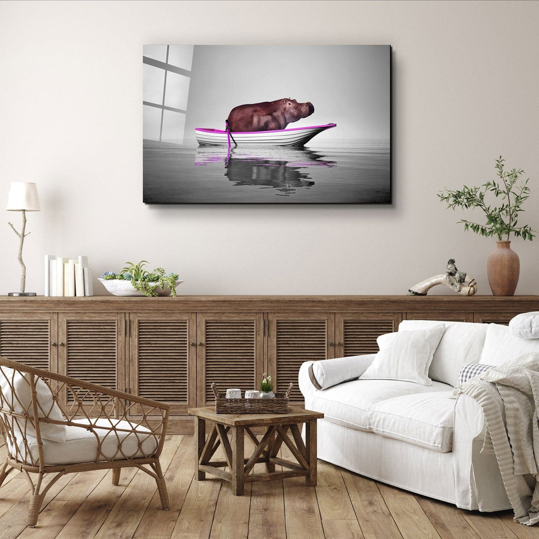 ・"Hippo on the Boat 2"・Glass Wall Art | Artdesigna Glass Printing Wall Arts.