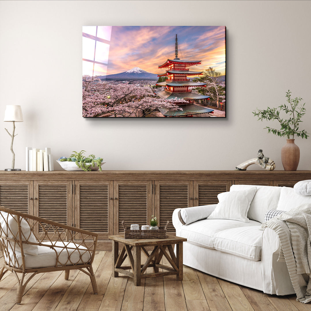 ・"Fujiyoshida, Japan at Chureito Pagoda and Mt. Fuji in the spring with cherry blossoms"・Glass Wall Art