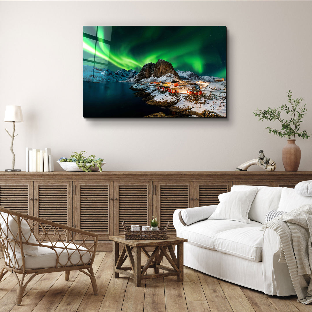 ・"Aurora borealis over Hamnoy in Norway"・Glass Wall Art