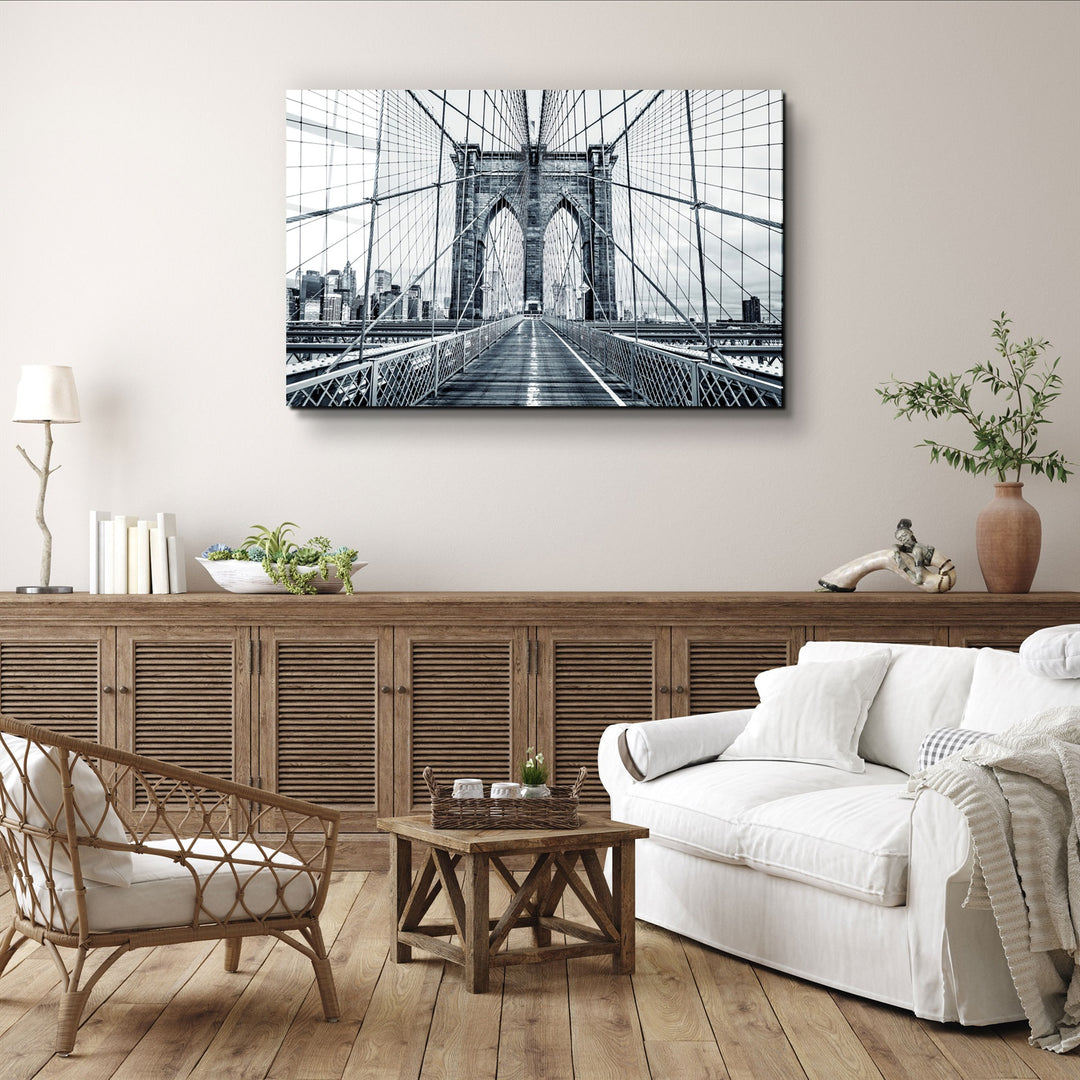 ・"Brooklyn Bridge Retro Gray"・Glass Wall Art | Artdesigna Glass Printing Wall Arts.