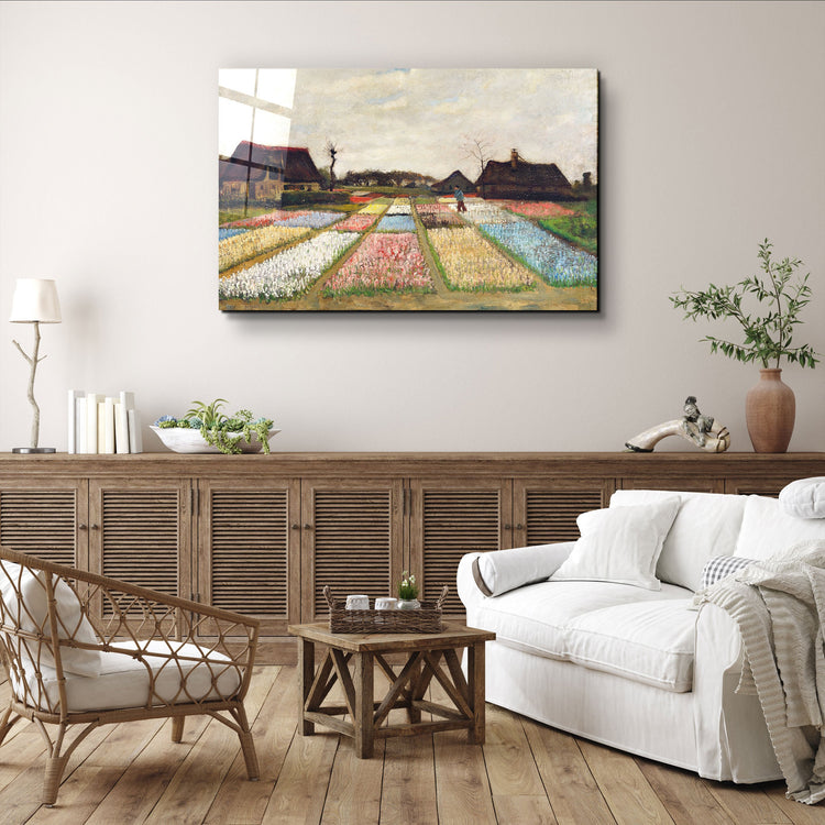 ・"Van Gogh art print, vintage Flower Beds in Holland wall decor (1883)"・Glass Wall Art | Artdesigna Glass Printing Wall Arts.