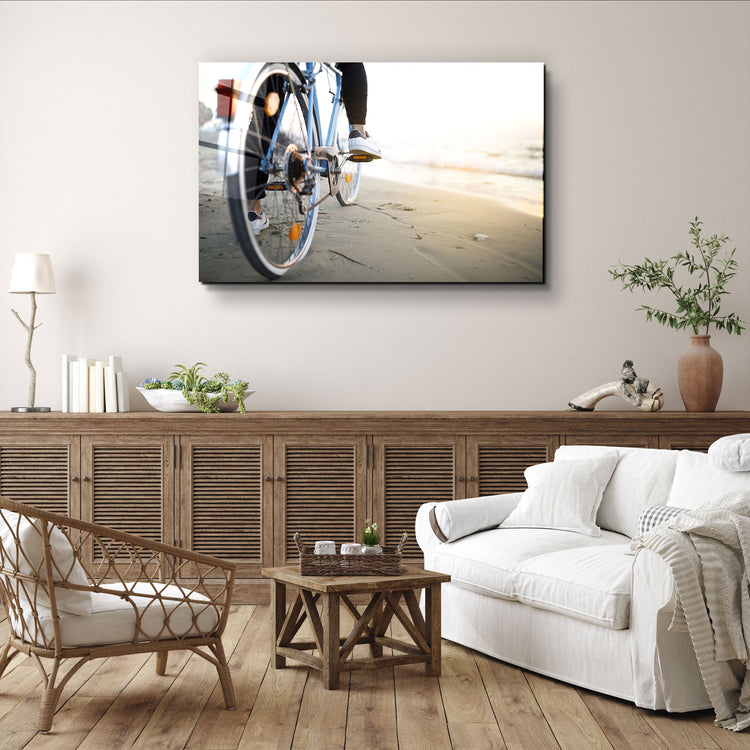 ・"Riding A Bike On The Calm Beach"・Glass Wall Art | Artdesigna Glass Printing Wall Arts.