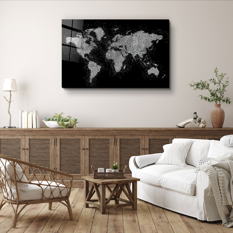 ・"World Map In Silver"・Glass Wall Art | Artdesigna Glass Printing Wall Arts.