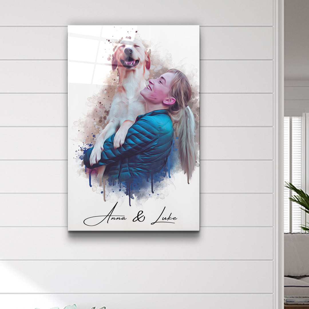 ."Watercolor Portrait - You & Your Pet - Custom Printing". Glass Wall Art | Artdesigna Glass Printing Wall Arts.