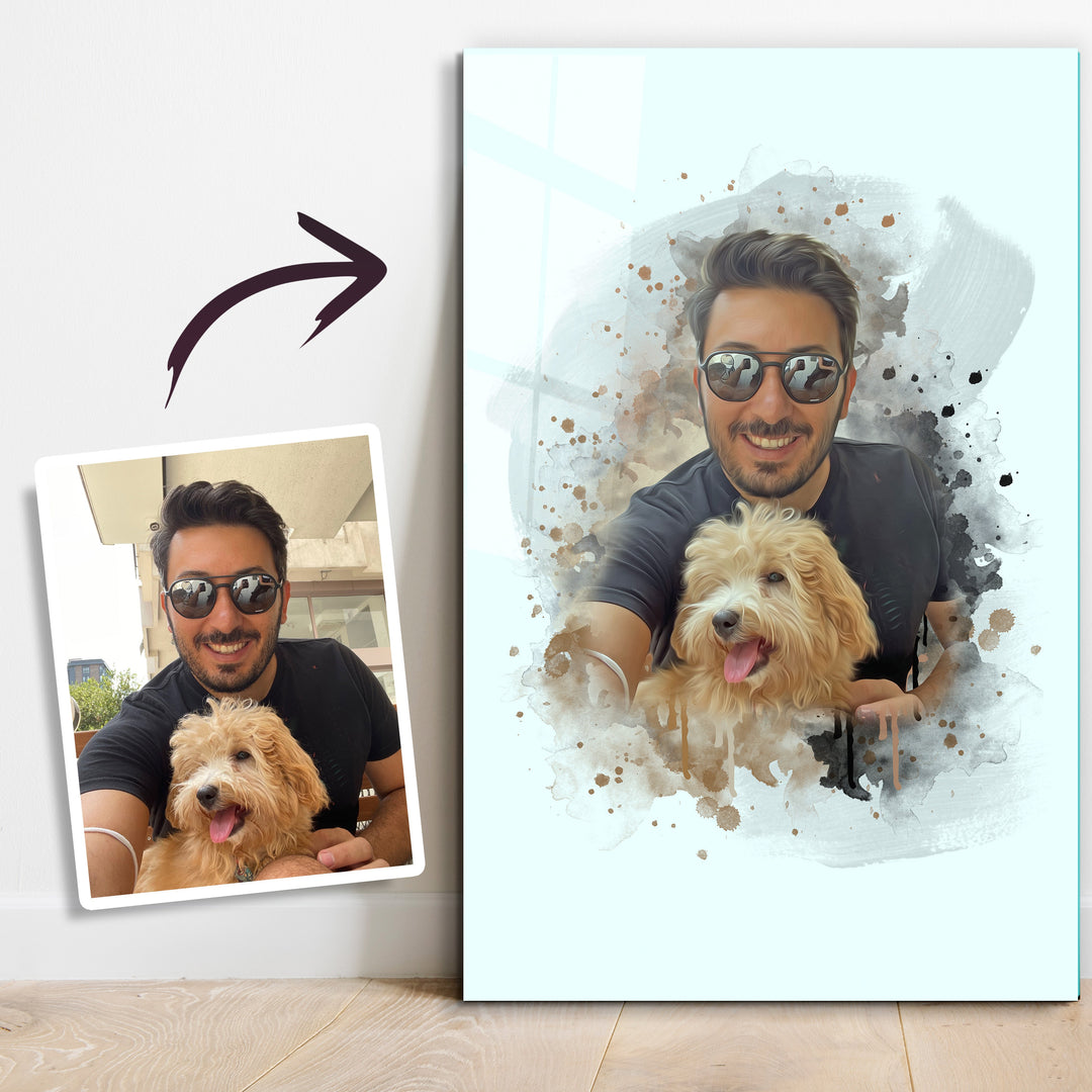 ."Watercolor Portrait - You & Your Pet - Custom Printing". Glass Wall Art | Artdesigna Glass Printing Wall Arts.